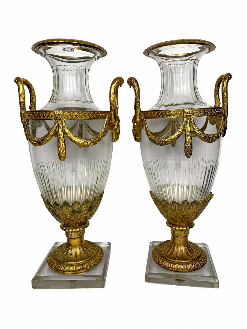 Baccarat style pair of glass & bronze urns (1 of 10)