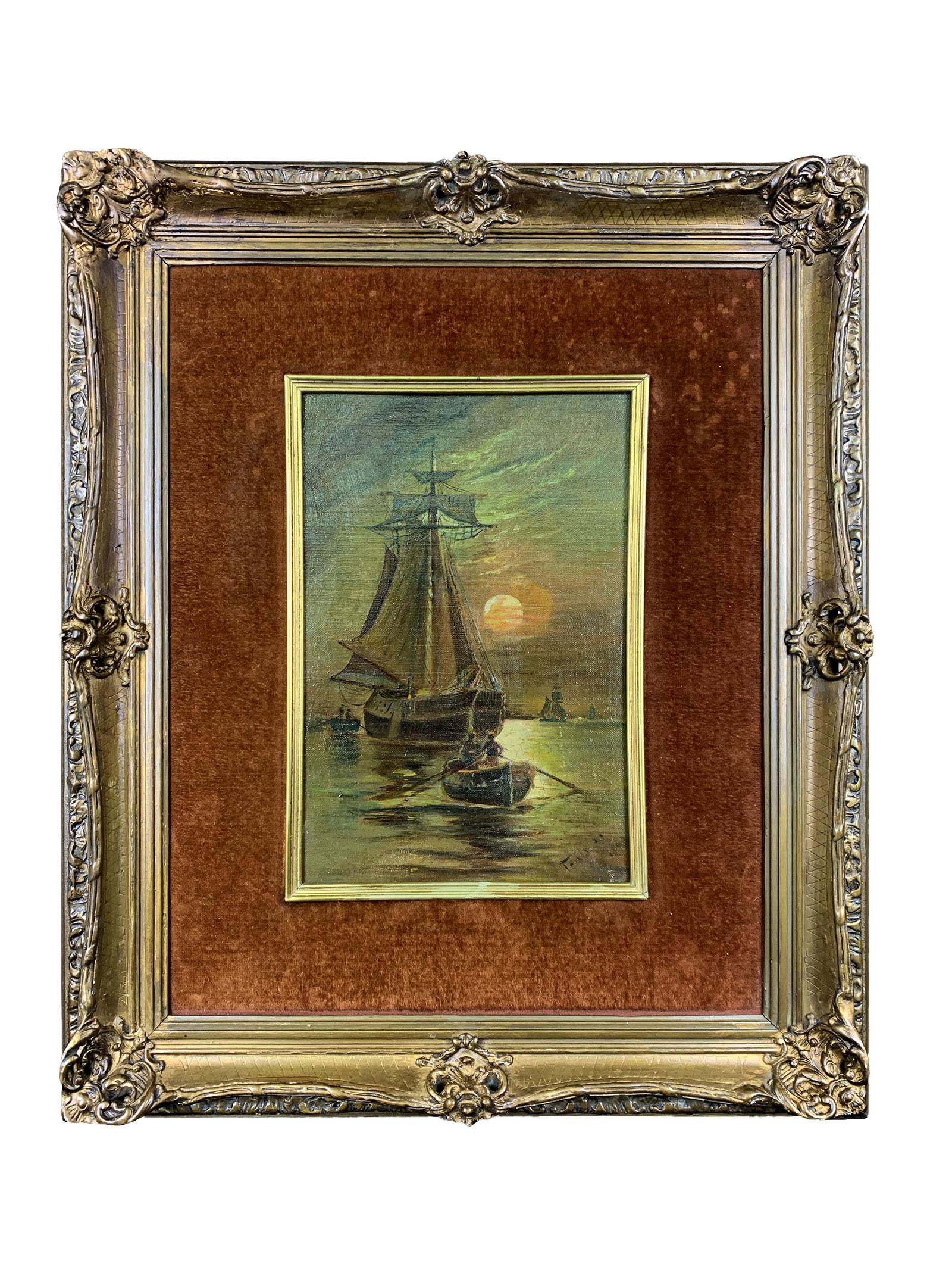 Antique oil on canvas ship painting, signed (1 of 8)