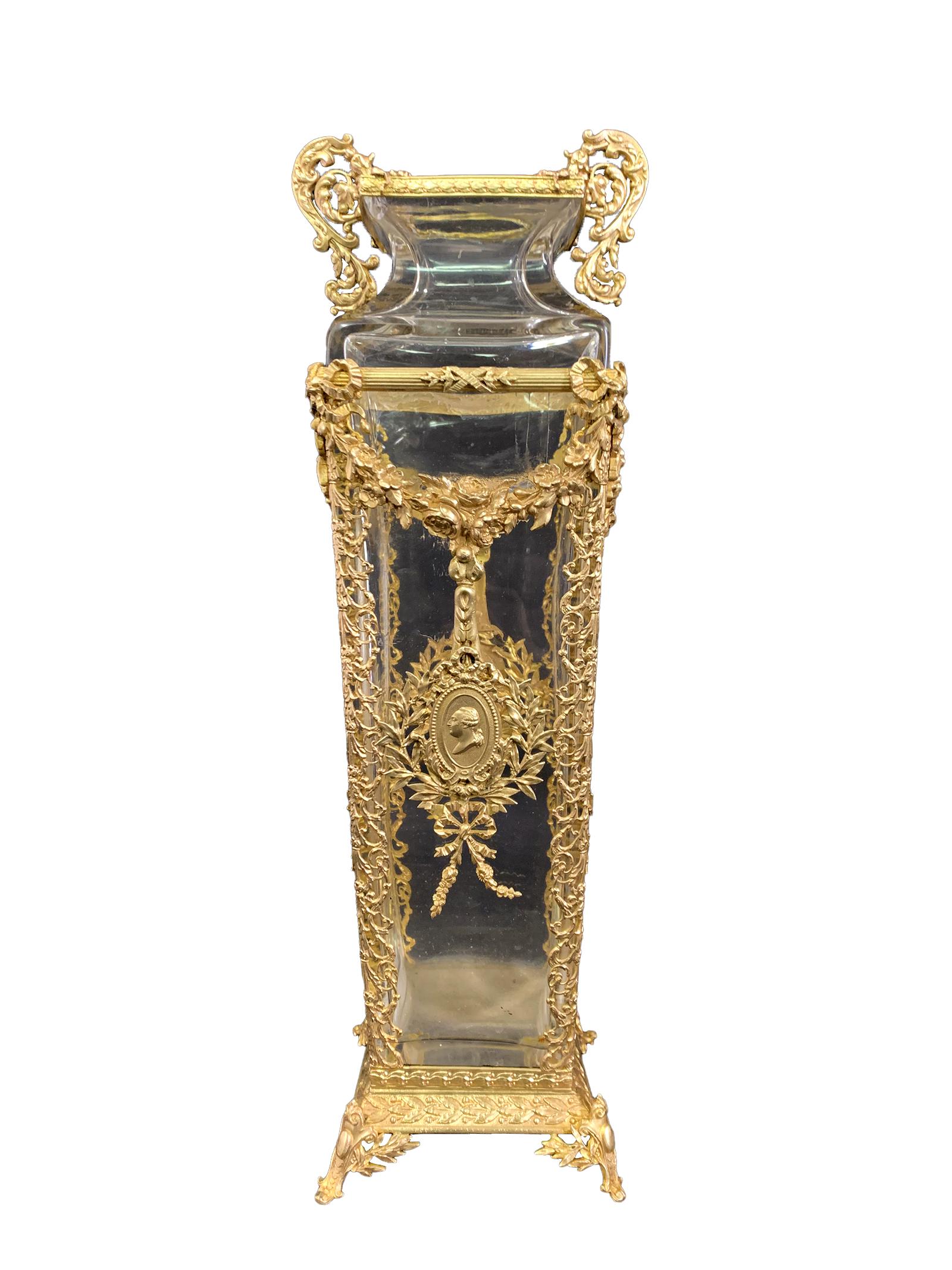 Antique French gilt bronze & glass vase: Antique French gilt bronze & glass vase. 12 1/2 x 4 in. TO SHIP THIS ITEM IN USA OR INTERNATIONAL, PLEASE CONTACT THE SHIPPERS : 1) UPS store1937- David Reiser -754-263-0780, auctions1937@gmail.com, 2