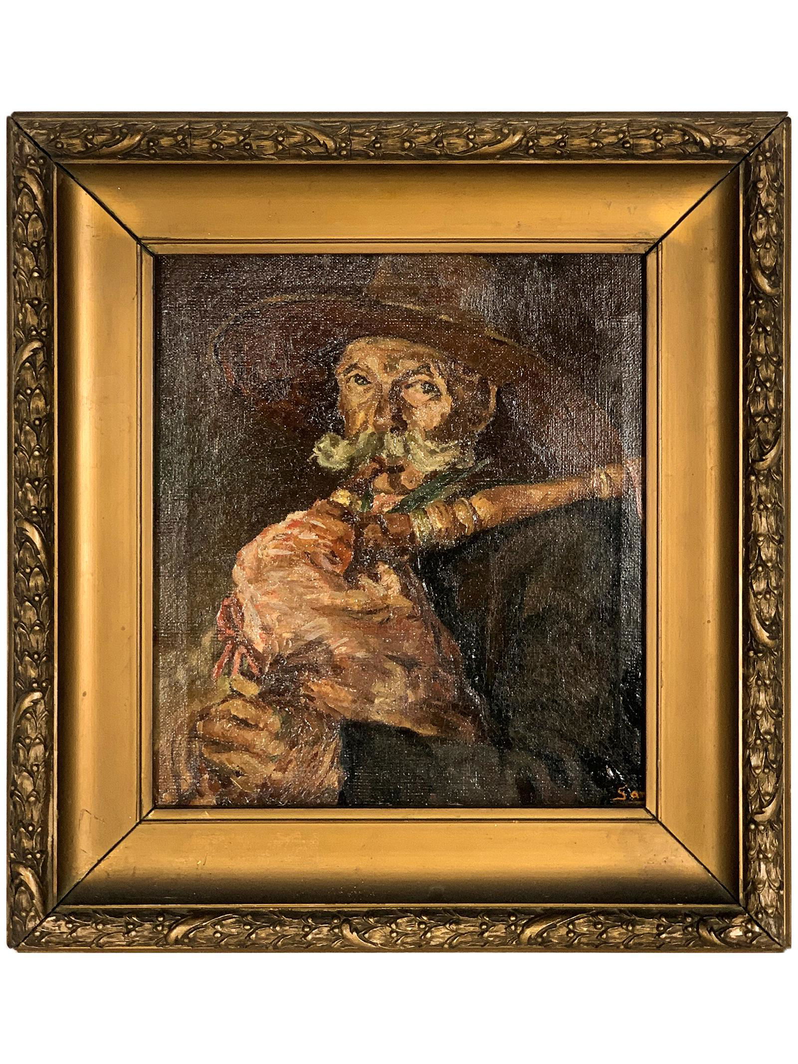 Antique oil on canvas man playing bagpipes, signed (1 of 5)