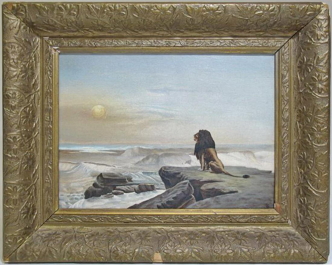 Vintage lion on the beach painting, signed JC (1 of 6)