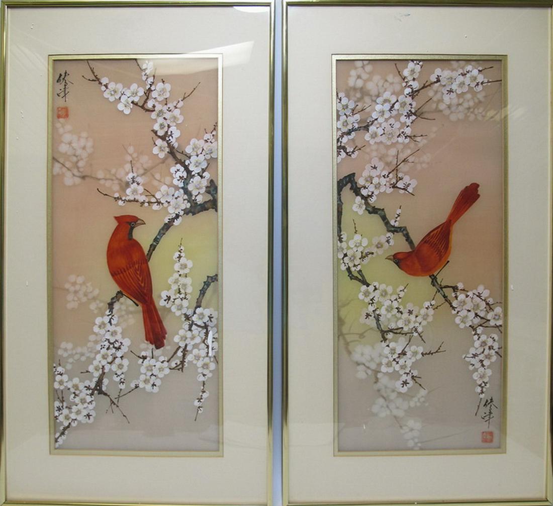 Vintage Chinese pair of prints on silk or fabric (1 of 7)