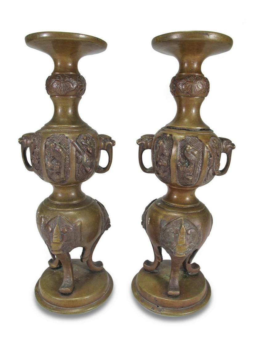 Antique Chinese pair of bronze candlesticks (1 of 6)