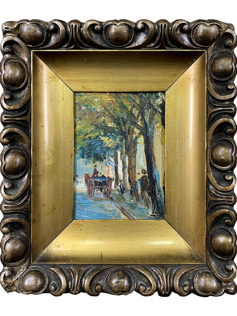 Antique European oil on masonite painting: Antique European oil on masonite painting. 15 1/2 x 13 1/4 in with frame. 8 x 5 3/4 in without frame. TO SHIP THIS ITEM IN USA OR INTERNATIONAL, PLEASE CONTACT THE SHIPPERS : 1) UPS store1937- David R