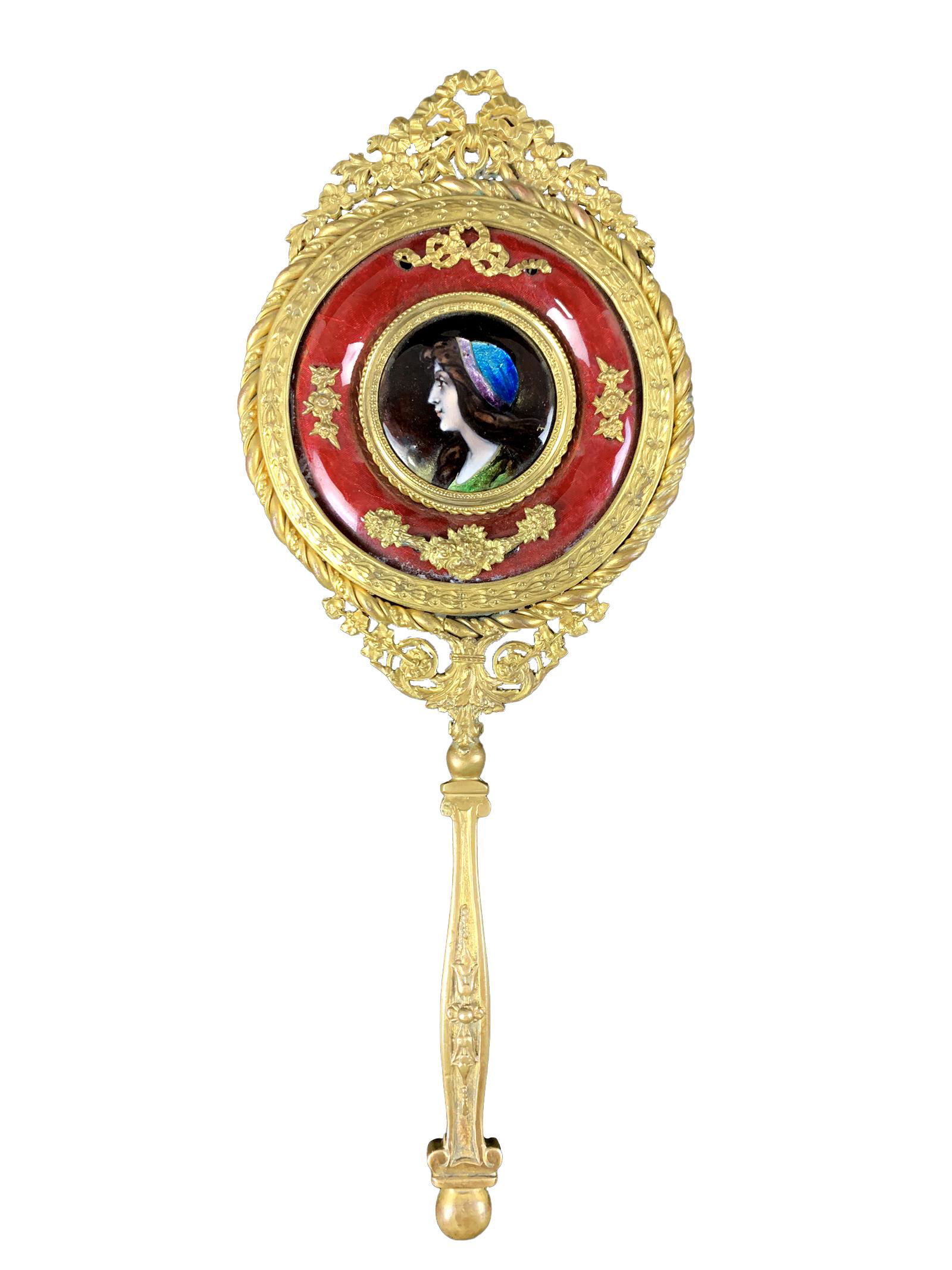 Antique French Bronze & Enamel Hand Mirror (1 of 4)