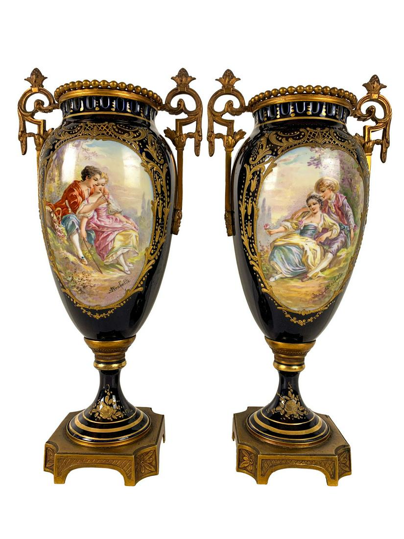 Antique French Sevres pair of porcelain & bronze urns: Antique French Sevres pair of porcelain & bronze urns, painted by Rochette. 13 x 6 1/4 x 4 1/8 in. TO SHIP THIS ITEM IN USA OR INTERNATIONAL, PLEASE CONTACT THE SHIPPERS : 1) UPS store1937- David Reis