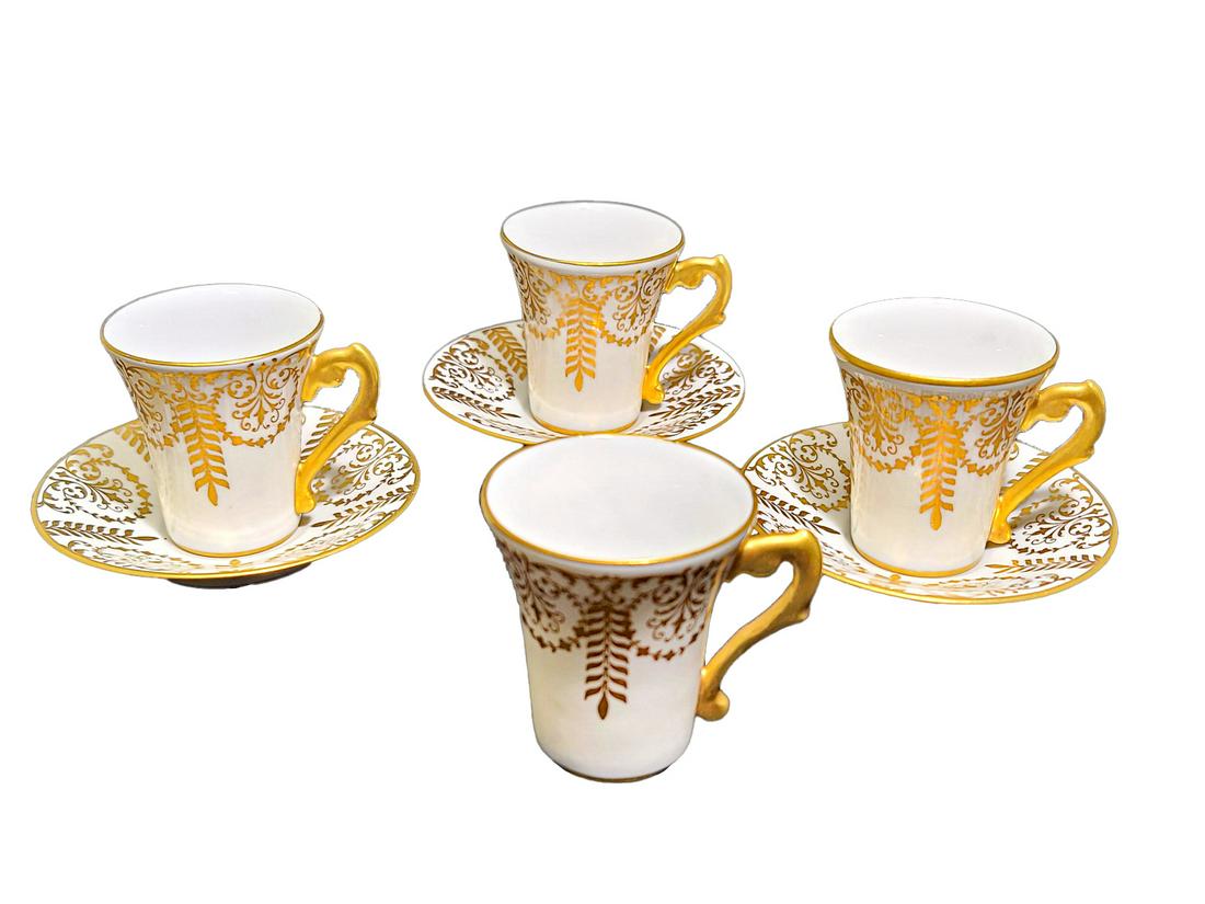 4 French porcelain cups & 3 dishes: 4 French porcelain cups & 3 dishes. Cup: 2 3/8 x 2 1/8 x 2 3/4 in. Dish: 3 3/4 in dimeter. TO SHIP THIS ITEM IN USA OR INTERNATIONAL, PLEASE CONTACT THE SHIPPERS : 1) UPS store1937- David Reiser -754-