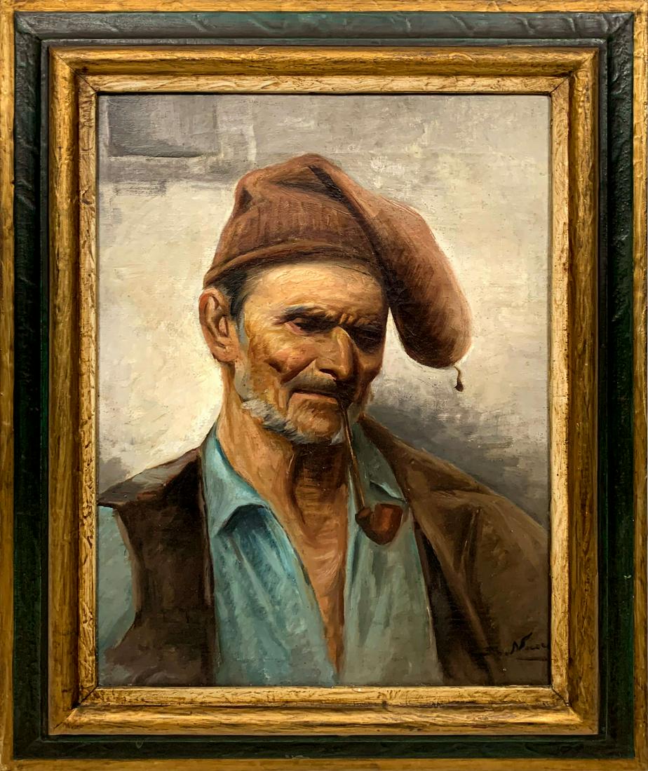Antique oil on canvas man smoking pipe (1 of 5)