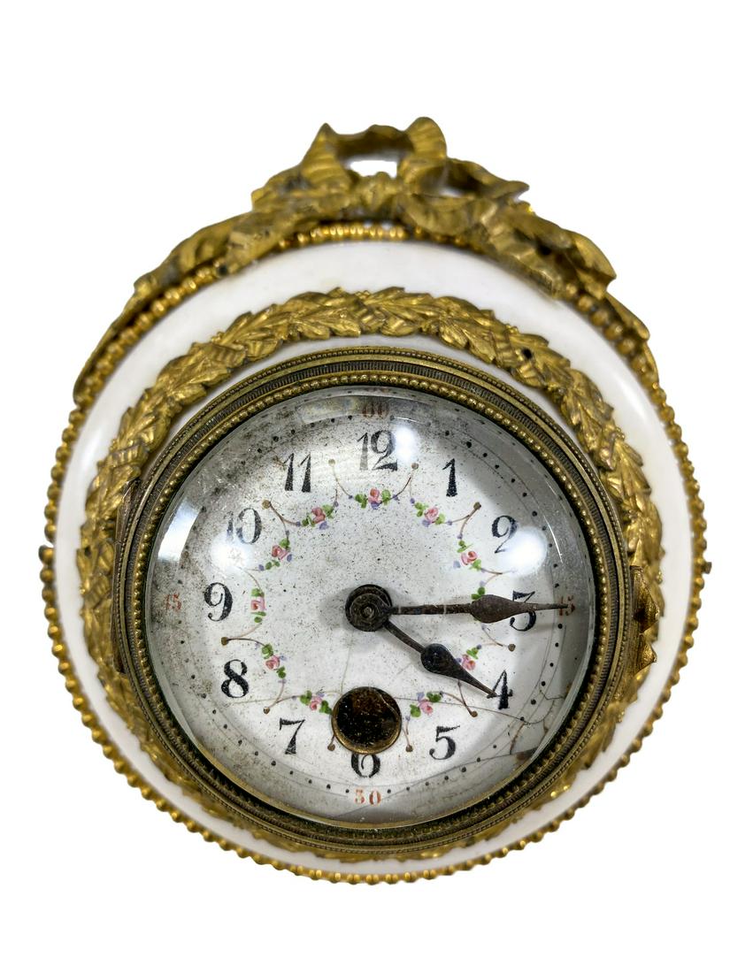 Antique French Bronze & Marble Travel Clock: Antique French Bronze & Marble Travel Clock. 5 x 4 1/4 in. TO SHIP THIS ITEM IN USA OR INTERNATIONAL, PLEASE CONTACT THE SHIPPERS : 1) UPS store1937- David Reiser -754-263-0780, auctions1937@gmail.com