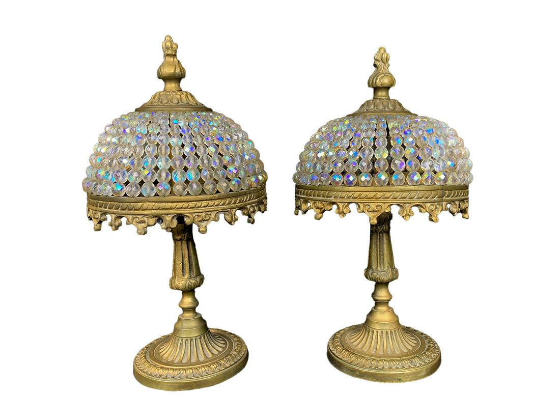 Vintage pair of bronze & iridescent glass lamps (1 of 5)