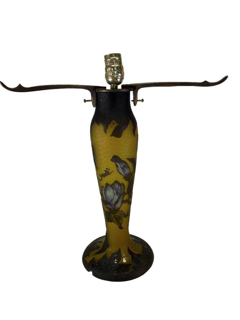 Signed Galle Cameo Glass Lamp Base: Signed Galle Cameo Glass Lamp Base. 14 x 6 in. Frame: 14 in diameter x 2 3/4 in. TO SHIP THIS ITEM IN USA OR INTERNATIONAL, PLEASE CONTACT THE SHIPPERS : 1) UPS store1937- David Reiser -754-263-0780, 