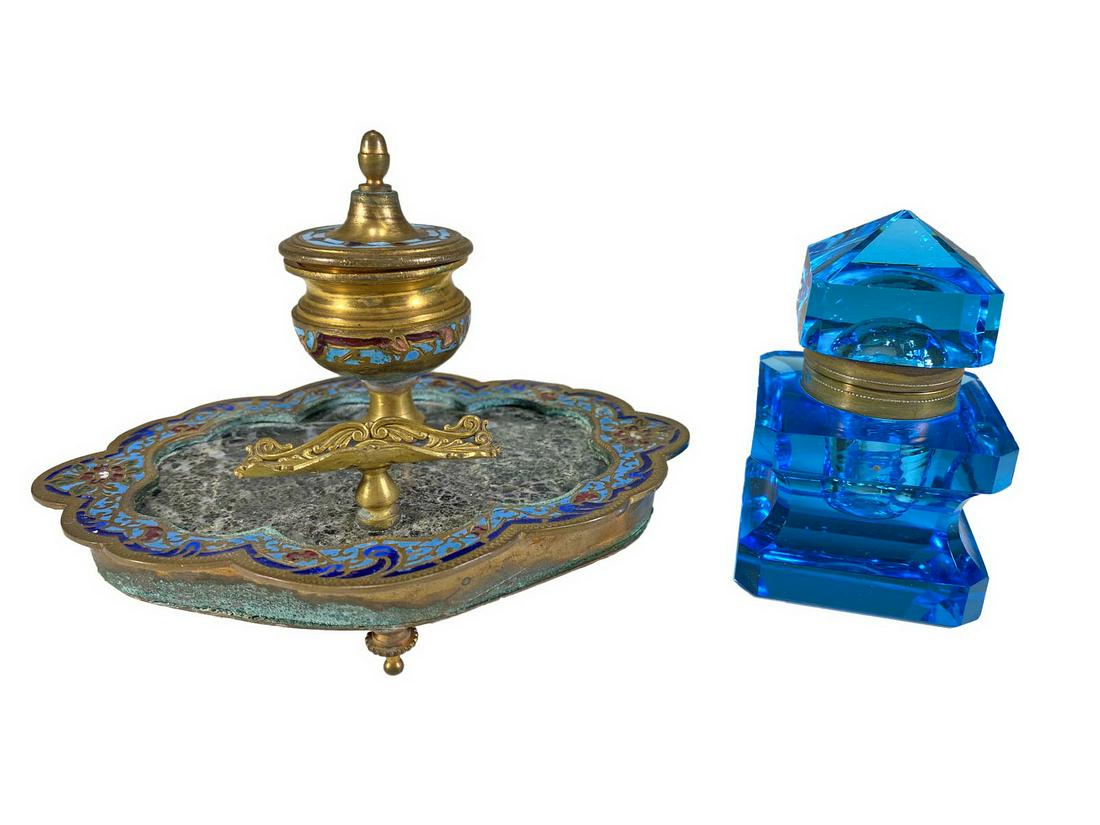 2 Antique Bronze Champleve & Blue Glass Inkwells: 2 Antique Bronze Champleve & Blue Glass Inkwells. Glass: 3 x 1 7/8 x 1 7/8 in. Bronze: 3 3/8 x 5 1/8 x 3 5/8 in. TO SHIP THIS ITEM IN USA OR INTERNATIONAL, PLEASE CONTACT THE SHIPPERS : 1) UPS store19
