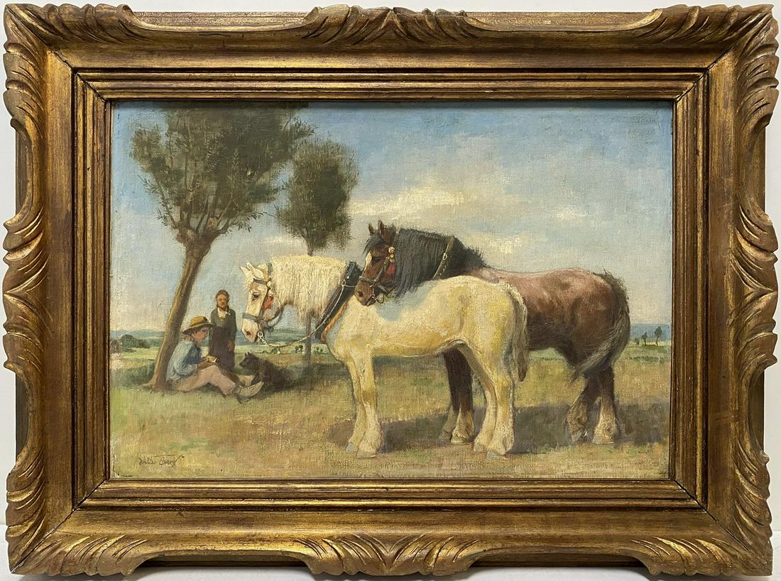 Antique European oil on board horses, signed (1 of 5)