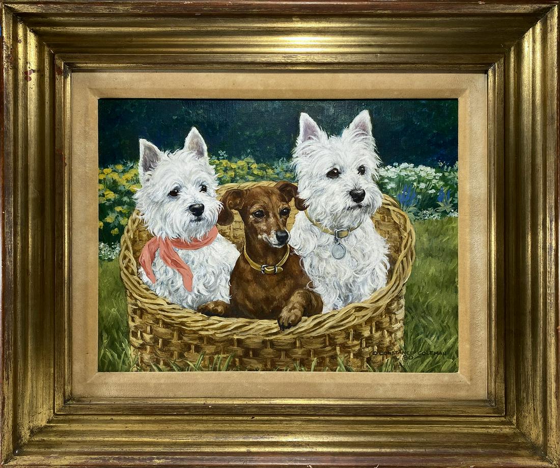 Signed Constance Coleman Oil on Canvas Dogs Painting (1 of 4)