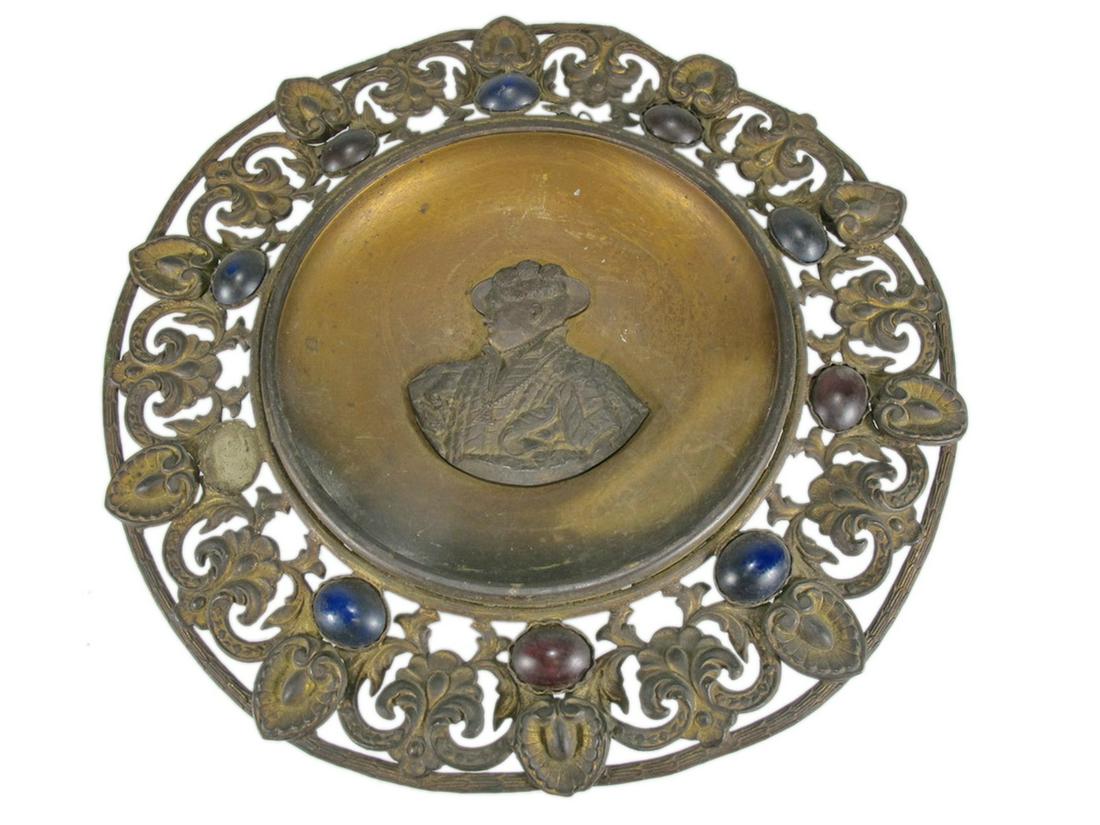 Antique bronze or brass & stones plate: Antique bronze or brass & stones plate. 1 3/8 x 8 1/4 in. TO SHIP THIS ITEM IN USA OR INTERNATIONAL, PLEASE CONTACT THE SHIPPERS : 1) UPS store1937- David Reiser -754-263-0780, auctions1937@gmail.com,
