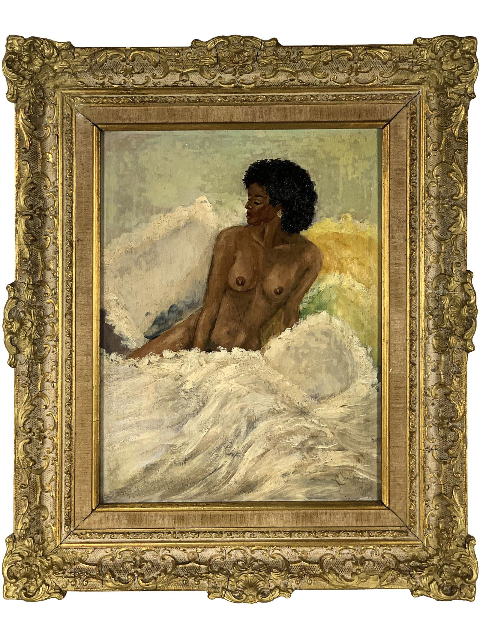 European oil on masonite nude painting, signed: European oil on masonite nude painting, signed. 22 1/2 x 18 1/2 in with frame. 15 1/4 x 11 1/4 in without frame. TO SHIP THIS ITEM IN USA OR INTERNATIONAL, PLEASE CONTACT THE SHIPPERS : 1) UPS store19