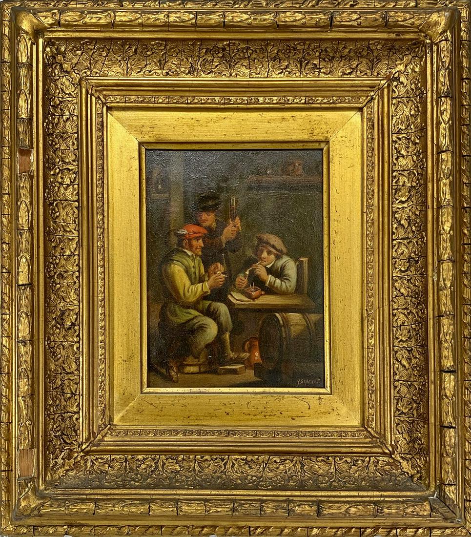 Antique European oil on board, signed SCHMIDT: Antique European oil on board, signed SCHMIDT. 17 x 15 1/8 in with frame. 8 1/4 x 6 1/4 in without frame. TO SHIP THIS ITEM IN USA OR INTERNATIONAL, PLEASE CONTACT THE SHIPPERS : 1) UPS store1937- Dav