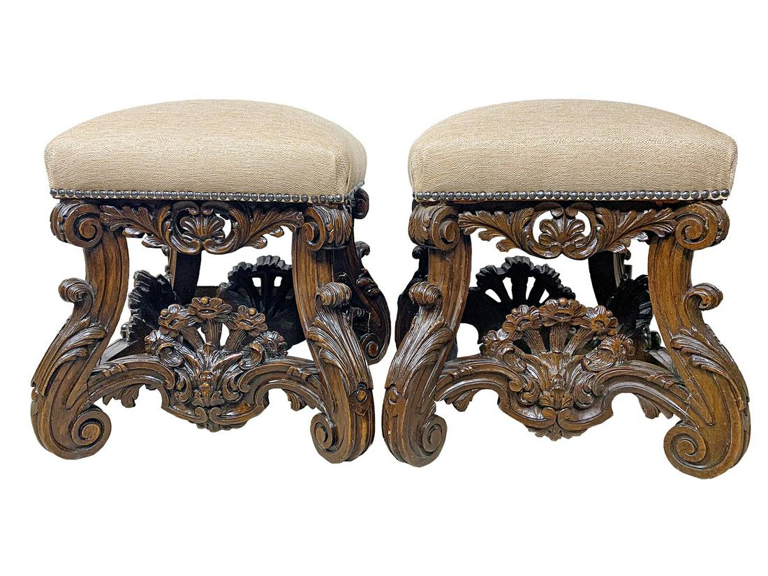 Antique Pair of Carved Wood Stools (1 of 6)