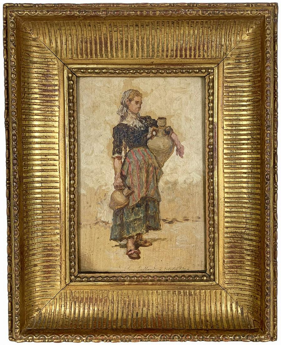 Antique Spanish Oil on Wood, signed: Antique Spanish Oil on Wood, signed. 16 3/4 x 13 1/2 in with frame. 9 3/4 x 6 1/2 in without frame. Local Pick up call one day before to make an appointment. TO SHIP THIS ITEM IN USA OR INTERNATIONAL,