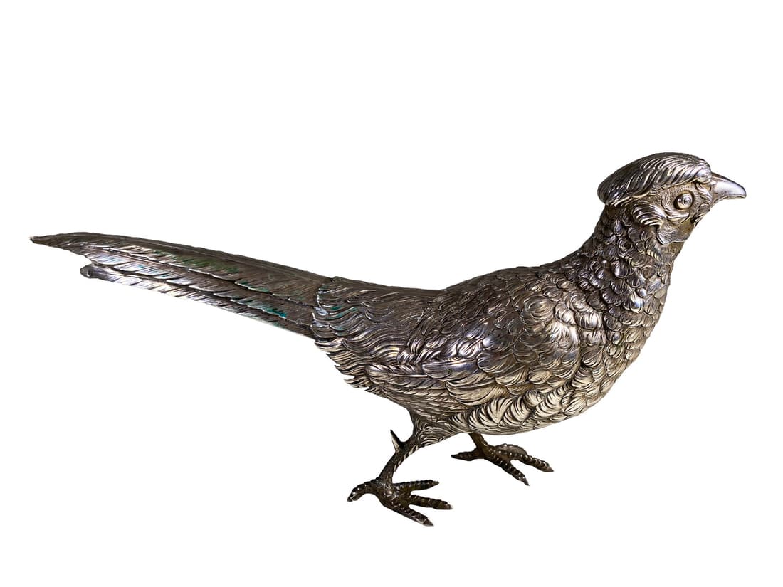 Antique French Silver Pheasant: Antique French Silver Pheasant . 5 1/2 x 11 x 2 3/8 in. Weight: 349.4 grams.Local Pick up call one day before to make an appointment. TO SHIP THIS ITEM IN USA OR INTERNATIONAL, PLEASE CONTACT THE SHIP
