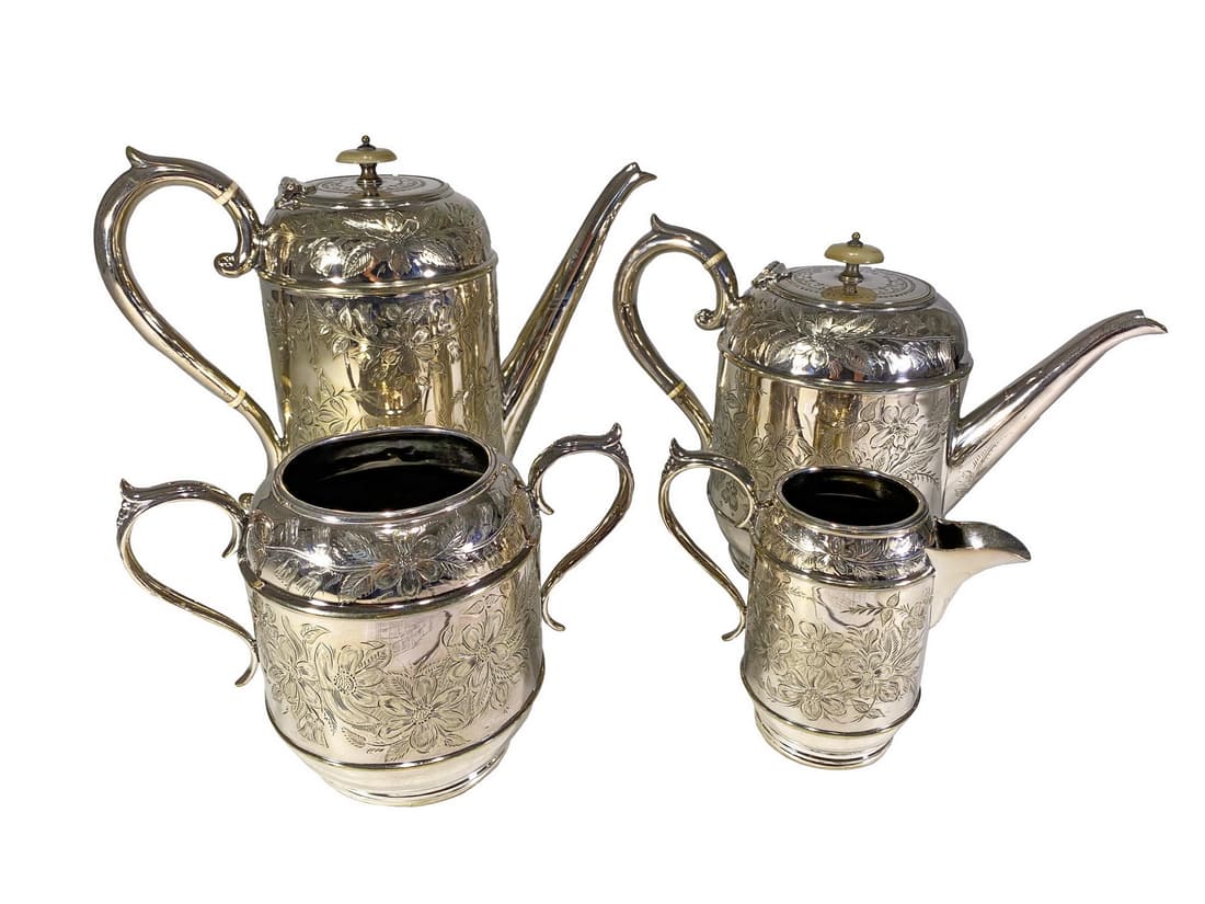 Jonathan Bell & Sons, Sheffield Teapot-Coffeepot set: Jonathan Bell & Sons, Sheffield Teapot-Coffeepot set. Teapot: 7 1/4 x 10 1/2 x 4 1/2 in. Coffeepot: 9 x 10 1/2 x 4 1/8 in. Sugarpot: 5 1/4 x 7 x 3 7/8 in. Creamer: 4 3/4 x 5 1/2 x 2 3/4 in. Local Pick