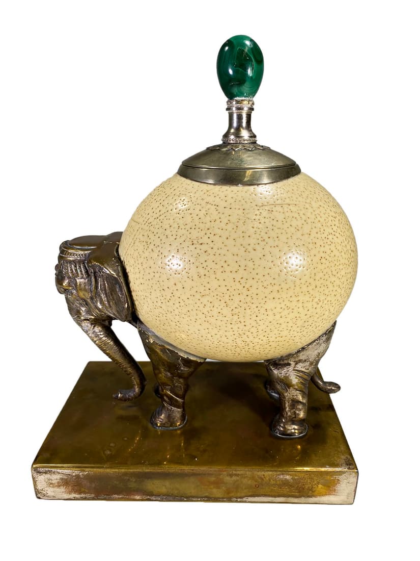 Silverplate, Malachita & Ostrich Egg Elephant Statue (1 of 6)