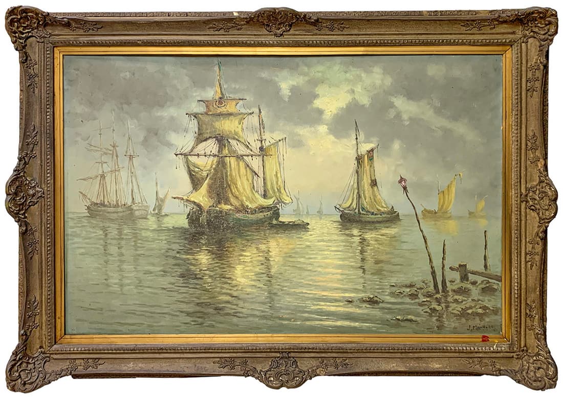 Antique European Oil on Canvas Ships Painting, signed (1 of 6)