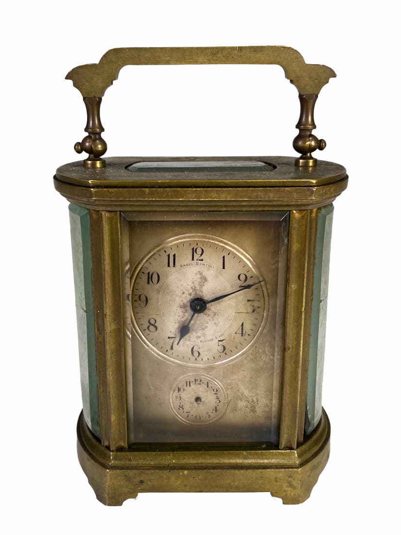 Antique European Bronze & Beveled Glass Travel Clock: Antique European Bronze & Beveled Glass Travel Clock. 4 5/8 x 3 7/8 x 2 1/2 in.Local Pick up call one day before to make an appointment. TO SHIP THIS ITEM IN USA OR INTERNATIONAL, PLEASE CONTACT THE S