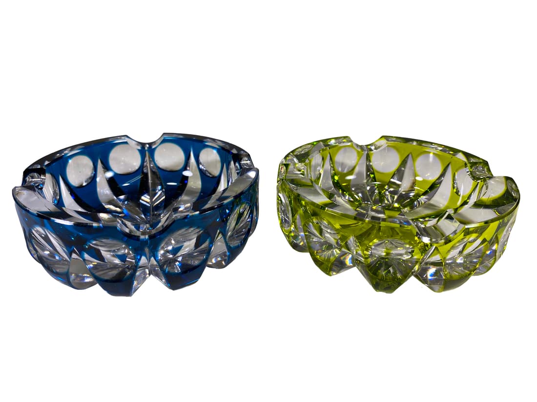 St Louis, France Blue & Green Cut to Clear Crystal Ashtrays (1 of 10)