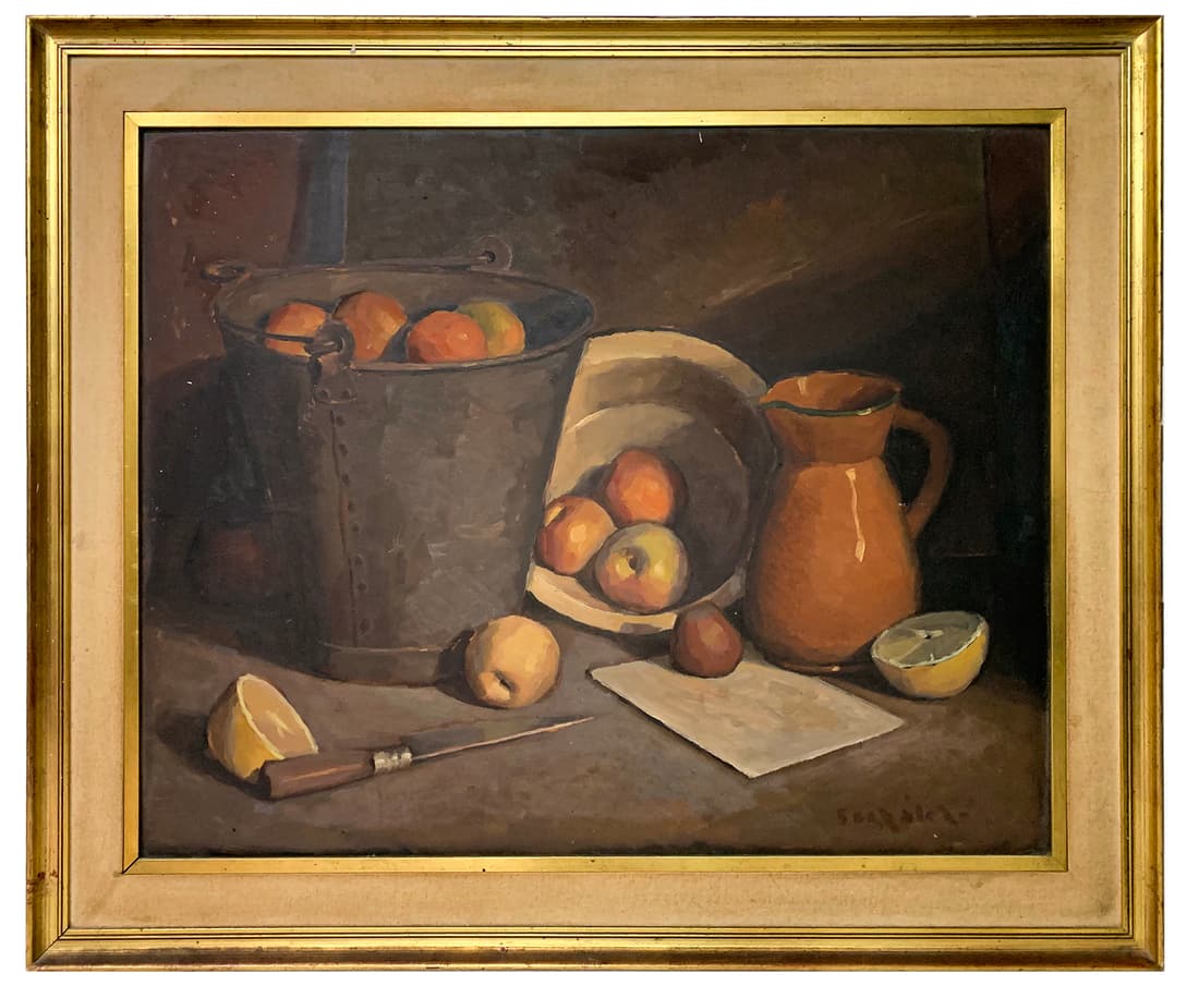 Vintage Oil on Masonite Still Life Painting, signed: Vintage Oil on Masonite Still Life Painting, signed. 27 1/4 x 33 with frame. 21 1/4 x 27 in without frame.Local Pick up call one day before to make an appointment. TO SHIP THIS ITEM IN USA OR INTERNAT