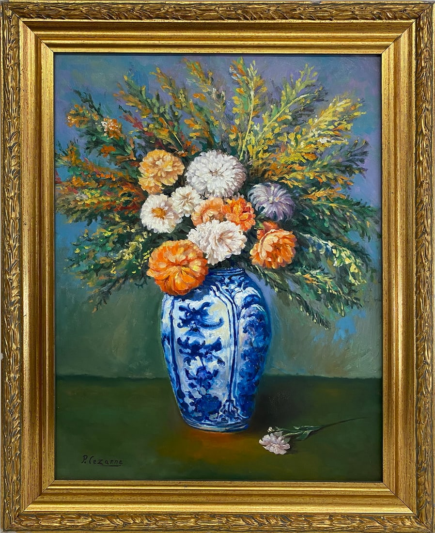 After Paul Cezanne Oil on Canvas Flowers Painting: After Paul Cezanne Oil on Canvas Flowers Painting. 24 1/4 x 19 3/8 in with frame. 20 x 15 in without frame.Local Pick up call one day before to make an appointment. TO SHIP THIS ITEM IN USA OR INTERNA