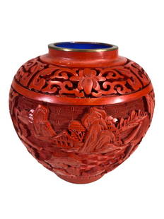 Chinese Cinnabar vase: Chinese Cinnabar vase. 4 3/8 x 4 3/8 in.Local Pick up call one day before to make an appointment. TO SHIP THIS ITEM IN USA OR INTERNATIONAL, PLEASE CONTACT THE SHIPPERS : 1) UPS store1937- David Reise