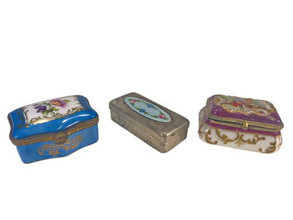 2 Sevres Porcelain & 1 Enamel Metal Pill Boxes: 2 Sevres Porcelain & 1 Enamel Metal Pill Boxes. 1 1/8 x 2 1/4 x 1 1/4 in, 1 3/8 x 2 1/4 x 1 1/2 in and 3/4 x 2 5/8 x 1 1/4 in.Local Pick up call one day before to make an appointment. TO SHIP THIS ITE