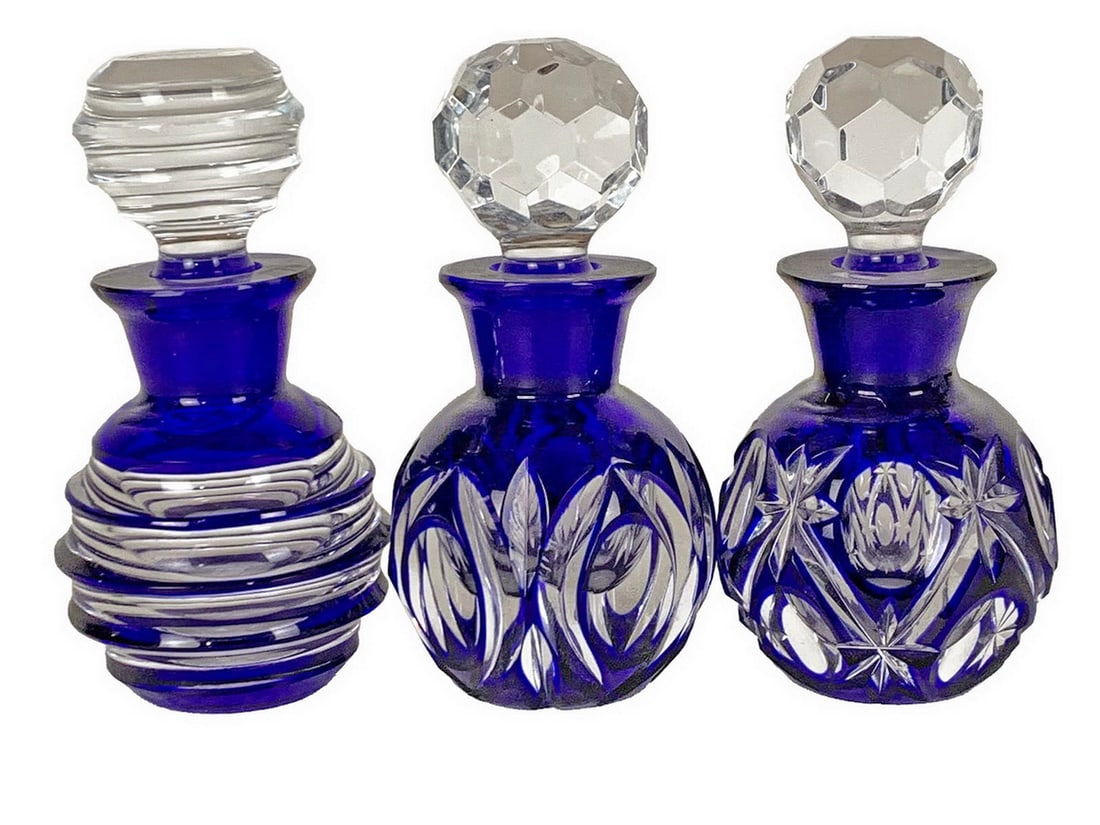 3 Blue Cut to Clear Crystal Bottles (1 of 6)
