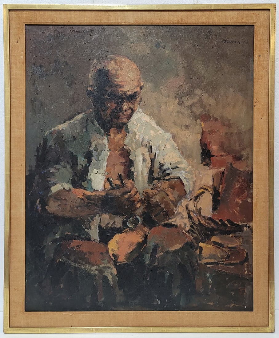 European Oil on Canvas Man Working Painting, signed (1 of 6)