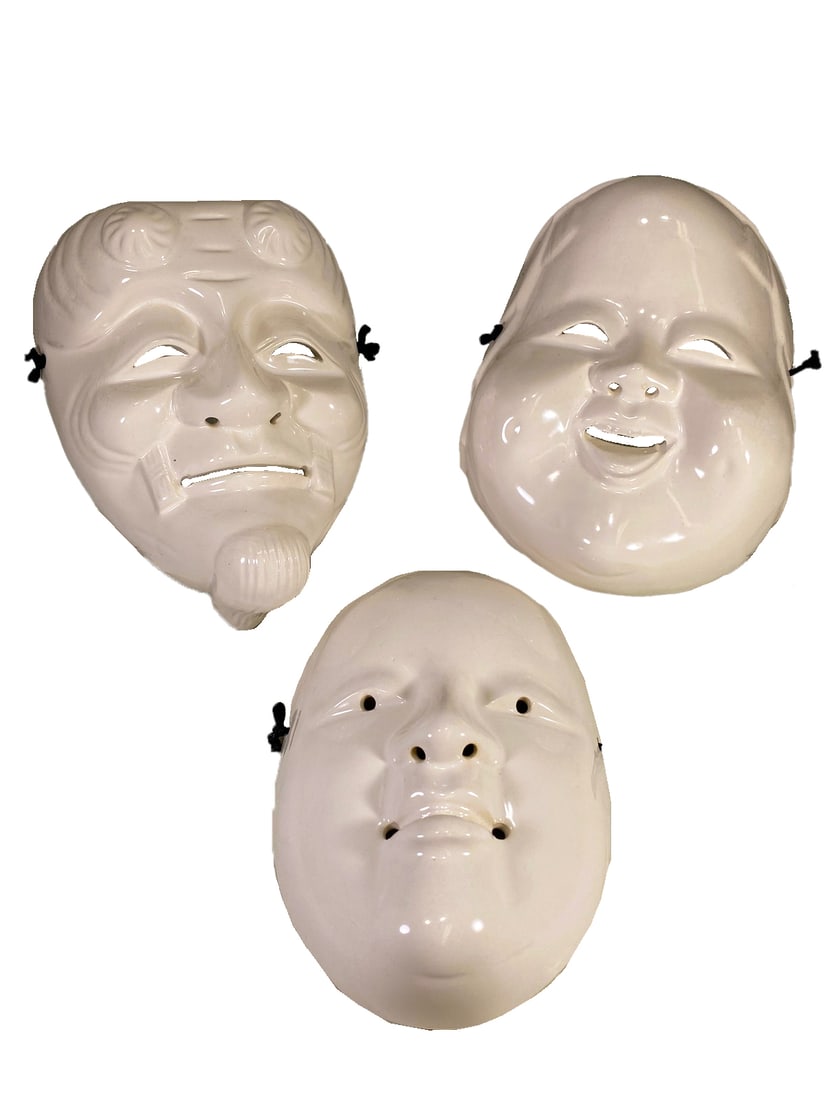 Asian Set of 3 Porcelain Masks: Asian Set of 3 Porcelain Masks. 8 1/4 x 6 x 3 1/8 in, 8 1/4 x 5 1/2 x 2 1/2 in and 7 3/4 x 6 x 2 1/2 in.Local Pick up call one day before to make an appointment. TO SHIP THIS ITEM IN USA OR INTERNATIO