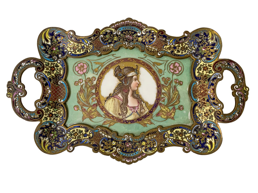 Antique French Bronze Champleve & Porcelain Tray (1 of 6)