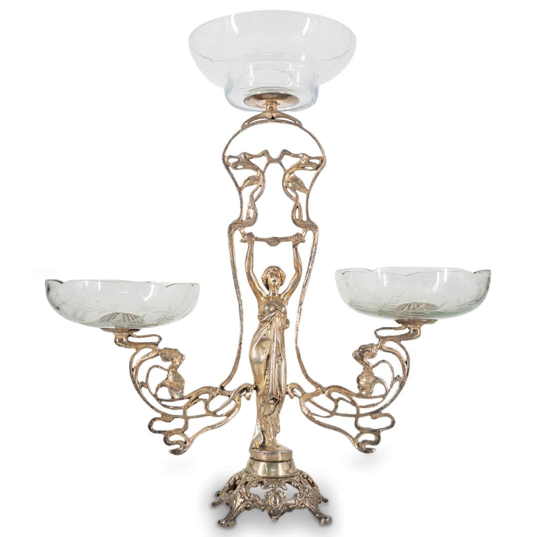 Art Nouveau Silverplate & Glass Centerpiece: Art Nouveau Silverplate & Glass Centerpiece. 22 1/2 x 8 1/4 x 20 3/4 in.Local Pick up call one day before to make an appointment. TO SHIP THIS ITEM IN USA OR INTERNATIONAL, PLEASE CONTACT THE SHIPPERS