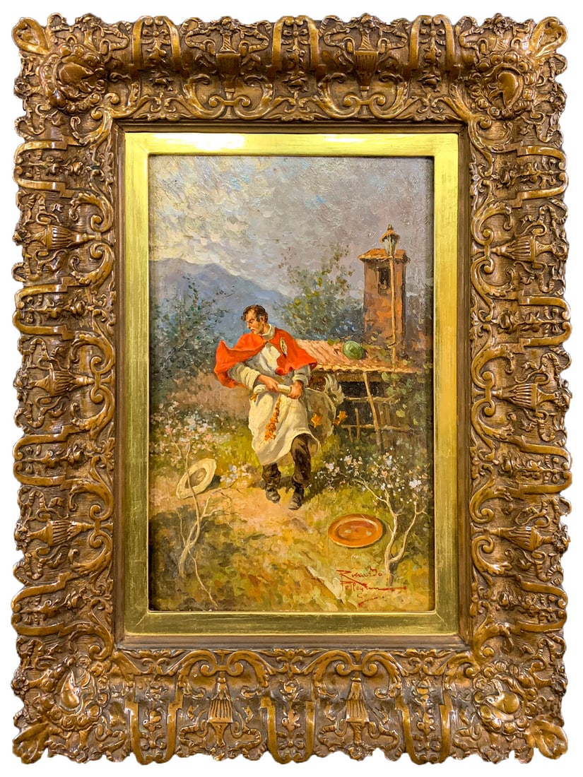 Antique European oil on cardboard, signed: Antique European oil on cardboard, signed. 21 x 16 1/2 in with frame. 13 1/2 x 9 in without frame. Local Pick up call one day before to make an appointment. TO SHIP THIS ITEM IN USA OR INTERNATIONAL, 