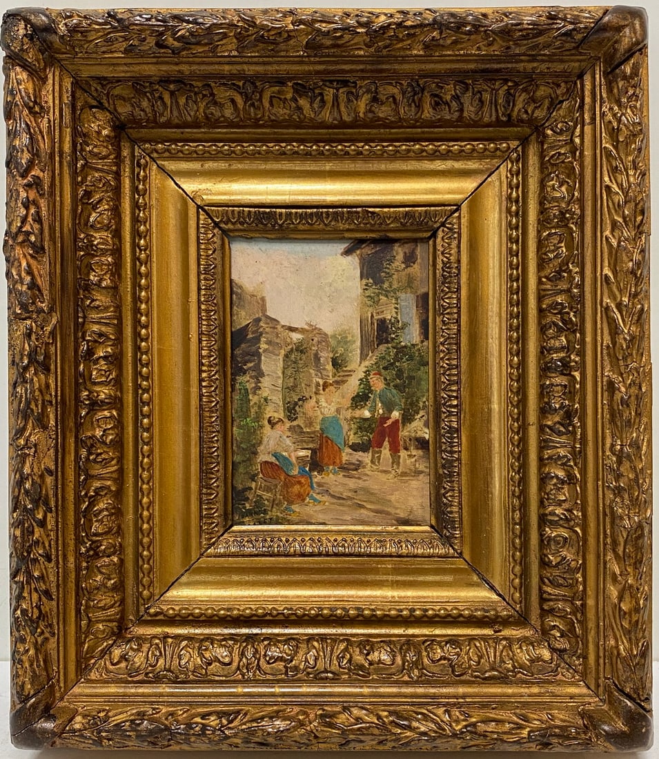 Antique European Oil Over Old Print on Wood, signed (1 of 4)