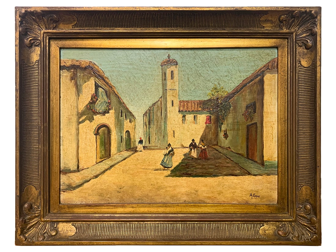 Antique Spanish Oil on Wood, signed A. GOVI: Antique Spanish Oil on Wood, signed A. GOVI. 15 3/4 x 19 3/4 in with frame. 11 x 15 in without frame. Local Pick up call one day before to make an appointment. TO SHIP THIS ITEM IN USA OR INTERNATIONA