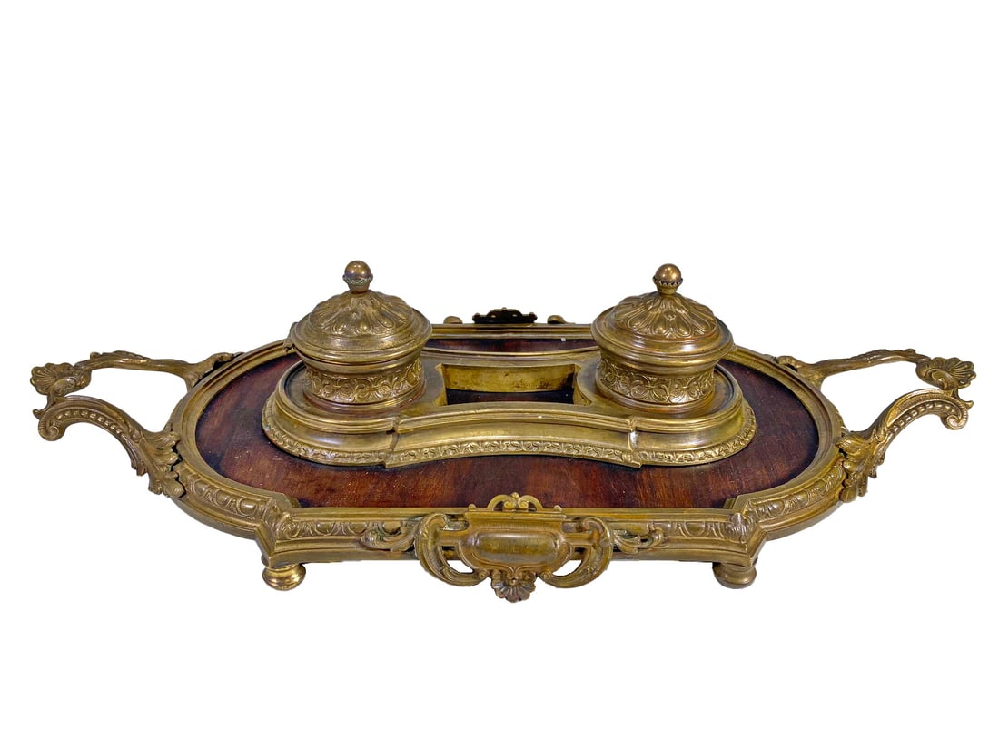Antique French Gilt Bronze & Wood Inkwell (1 of 7)
