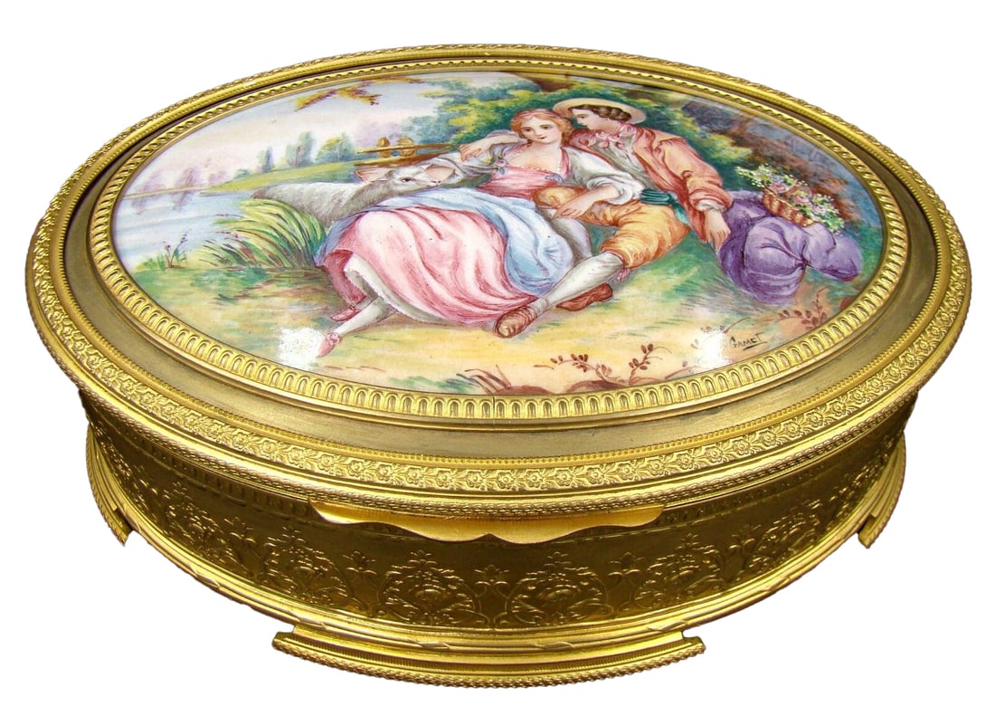 Large French Gamet Jewelry Gilt Bronze & Enamel box, ca 1920 (1 of 10)
