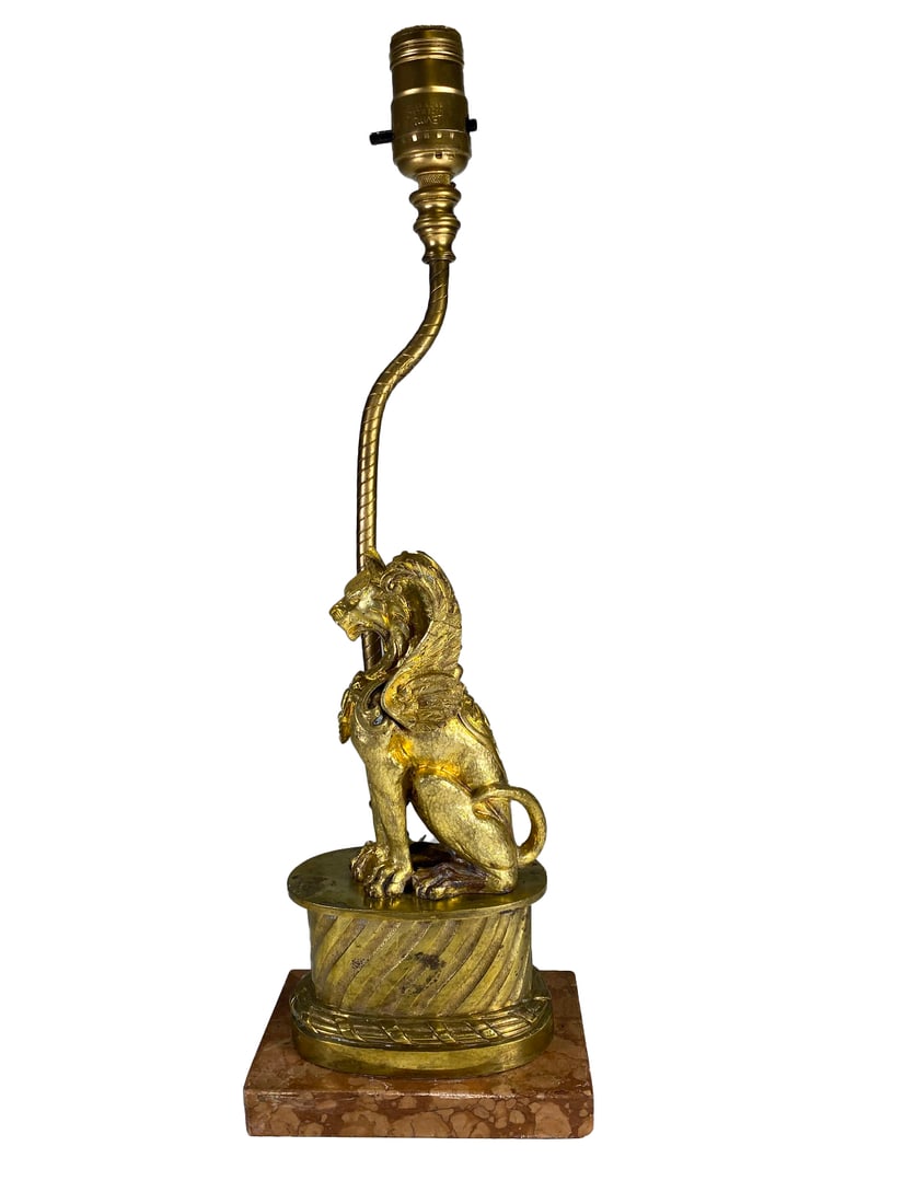 Antique Lion Bronze & Marble Table Lamp (1 of 8)