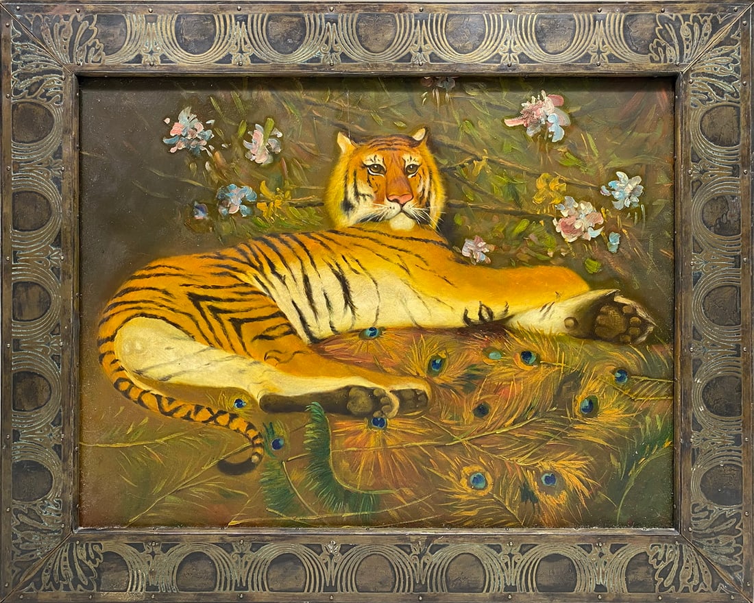 Maitland Smith, Philippines Oil on Board Tiger painting: Maitland Smith, Philippines Oil on Board Tiger painting. 17 1/2 x 21 3/8 in including the brass frame.Local Pick up call one day before to make an appointment. TO SHIP THIS ITEM IN USA OR INTERNATIONA