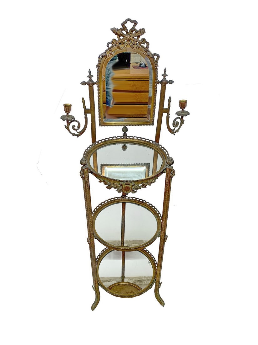 Antique French Engraved Bronze & Glass Mirror Shelves & Sconces (1 of 7)