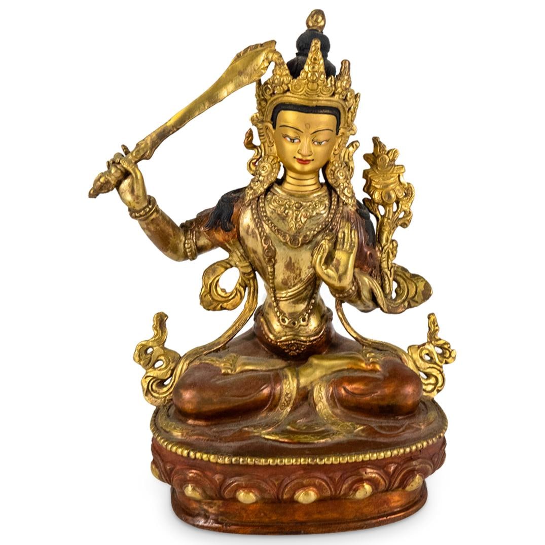 Bodhisattva Manjushri Gilt & Copper Bronze Sculpture: Bodhisattva Manjushri Gilt & Copper Bronze Sculpture. 8 1/2 x 4 x 6 1/2 in.Local Pick up call one day before to make an appointment. TO SHIP THIS ITEM IN USA OR INTERNATIONAL, PLEASE CONTACT THE SHIPP