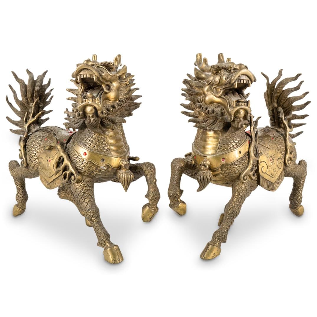 Pair Gilt Metal Qilin Dragon Horses Sculptures (1 of 6)