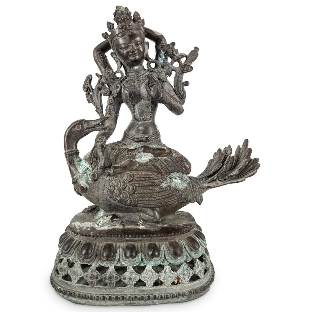 Antique Tibetan Mixed Metal Saraswati Sculpture: Antique Tibetan Mixed Metal Saraswati Sculpture. 12 1/8 x 8 3/8 x 4 3/4 in.Local Pick up call one day before to make an appointment. TO SHIP THIS ITEM IN USA OR INTERNATIONAL, PLEASE CONTACT THE SHIPP