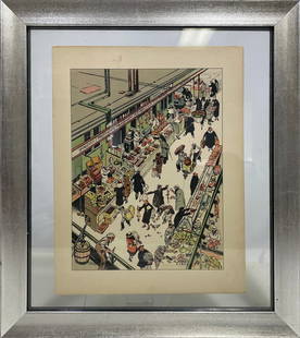 Tony SARG Washington Market Lithograph: Tony SARG Washington Market Lithograph. 17 x 15 in with frame. 12 1/2 x 9 1/2 in without frame.Local Pick up call one day before to make an appointment. TO SHIP THIS ITEM IN USA OR INTERNATIONAL,